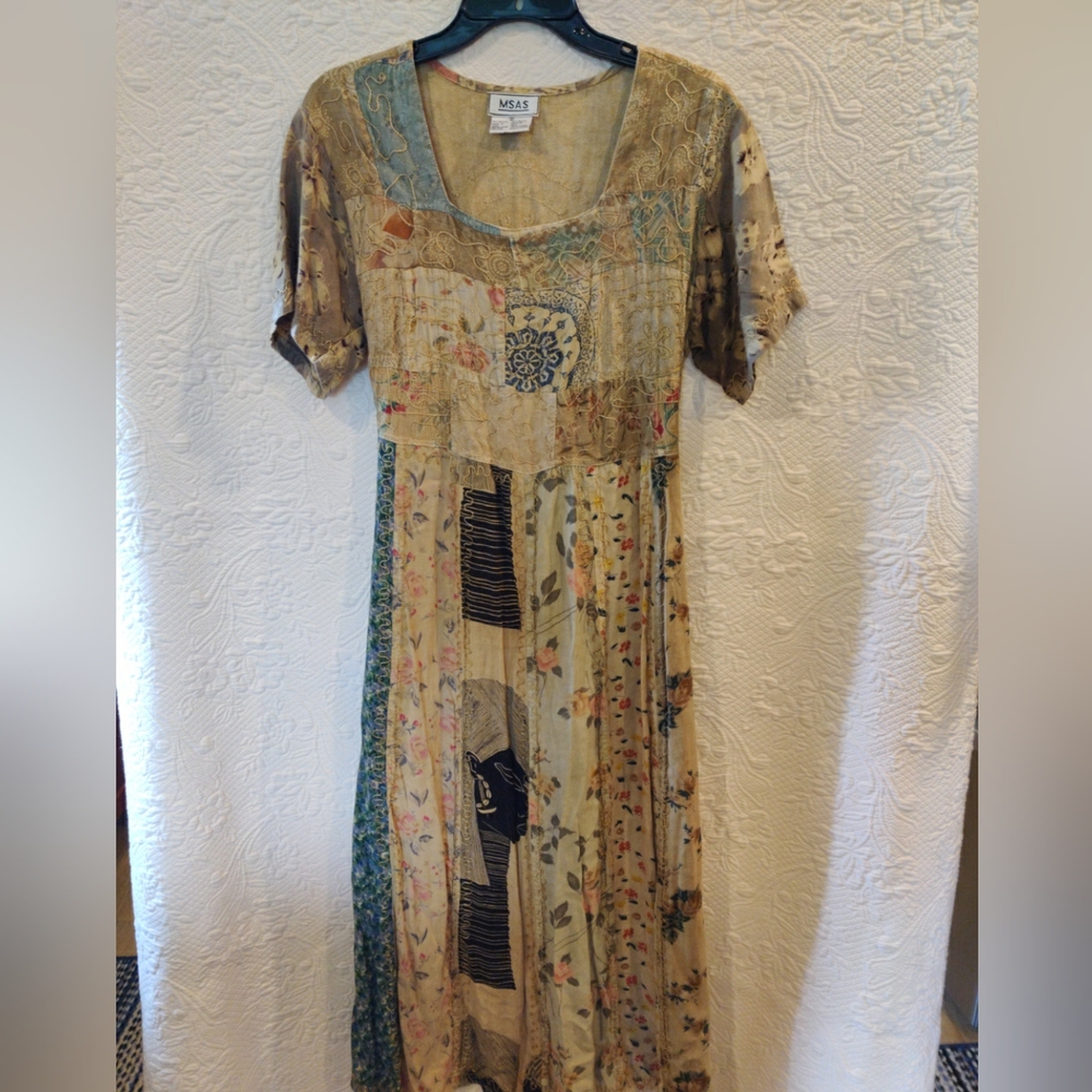 MSAS Patchwork Embroidered Bohemian Gypsy Style Dress Made In India '80s Vintage